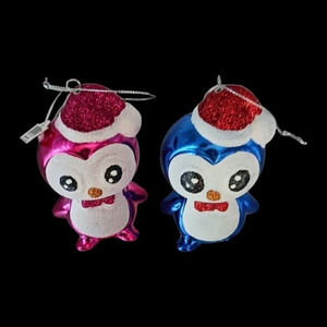 Holiday time pinguins christmas tree ornaments set of 2 blue/pink